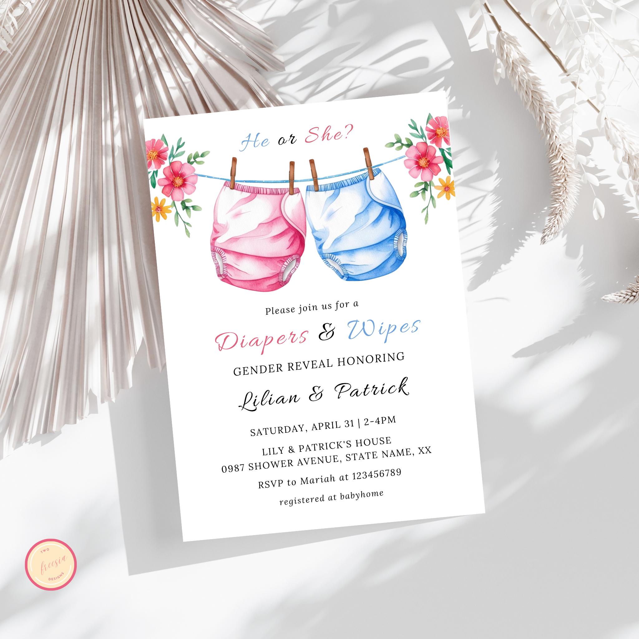 Gender Reveal Invitation Template, Editable Diapers, and Wipes Invite ...