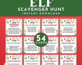 Puede incluir: Un conjunto de 54 tarjetas de Búsqueda del Tesoro de Elfos con ilustraciones festivas e indicaciones de texto. Las tarjetas presentan personajes de elfos y gráficos temáticos navideños, perfectas para una actividad navideña. Arriba está "ELF SCAVENGER HUNT".