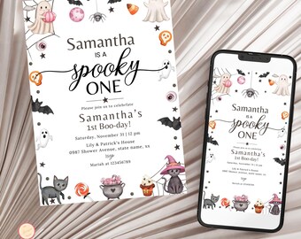 Spooky One Invitation Pink, Editable Halloween Ghost 1st Birthday Party Invite, Cute Pink Ghost Birthday Girl, First Boo Day Invite, IUI57