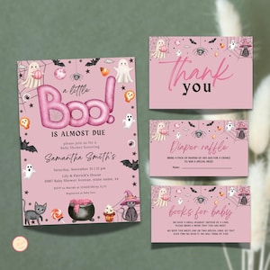 May include: Pink baby shower invitations and cards with a Halloween theme. The invitation reads "a little Boo! is almost due" with details for Samantha Smith's shower. Cards include "Thank you", "Diaper raffle", and "books for baby".