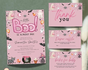 May include: Pink baby shower invitations and cards with a Halloween theme. The invitation reads "a little Boo! is almost due" with details for Samantha Smith's shower. Cards include "Thank you", "Diaper raffle", and "books for baby".