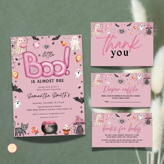 A Little Boo is Almost Due Baby Shower Bundle, Editable Pink Halloween Baby Shower Invite, Book Request, Diaper Raffle, Girl Set, 2HCD3