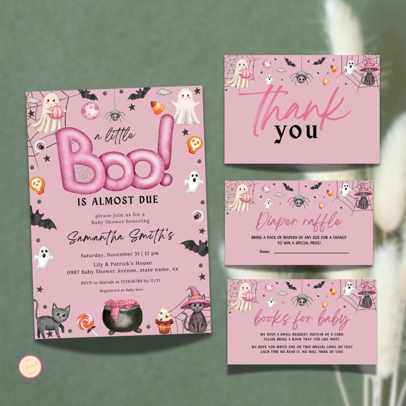 May include: Pink baby shower invitations and cards with a Halloween theme. The invitation reads "a little Boo! is almost due" with details for Samantha Smith's shower. Cards include "Thank you", "Diaper raffle", and "books for baby".