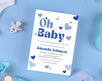May include: Blue and white baby shower invitation with the text "Oh Baby" and a heartbreaker design. The invitation includes the date, time, and location of the shower, as well as the name of the guest of honor, Amanda Johnson.