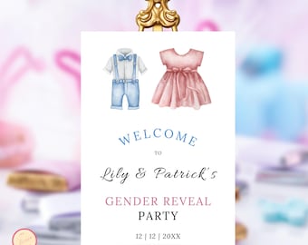May include: A white sign with blue and pink text announcing a gender reveal party for Lily & Patrick. The sign features watercolor illustrations of a baby boy's outfit and a baby girl's dress. The date of the party is 12 | 12 | 20XX.