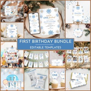 Winter ONEderland Birthday Party Bundle, Boy Blue Snowflake 1st Birthday, First ONEderland Party with Photo, Holiday Birthday Bundle, Z6HVG