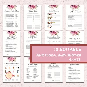 Pink Floral Baby Shower Game Template Bundle, It&#39;s a Girl Baby Shower Invite, 12 Editable Rustic Floral-Themed Shower Games Printable