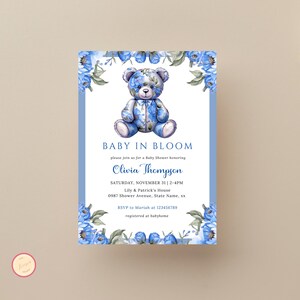 Baby in Bloom Shower, Boy Baby in Bloom Invitation, Baby Shower Invitation Template, Blue Watercolor Floral Baby Shower Invite, Blue Teddy