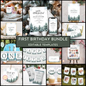 Winter Onederland Birthday Invitation Bundle, Winter 1st Birthday Invitation Template, Woodland Theme First Birthday Decorations, Z6HVG