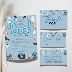 A Little Boo is Almost Due Baby Shower Bundle, Editable Blue Halloween Baby Shower Invite, Book Request, Diaper Raffle, Boy Set, 2HCD3