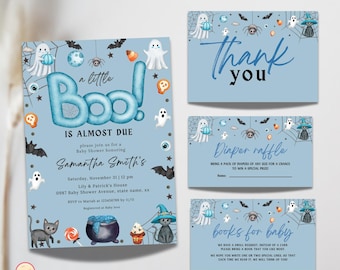 A Little Boo is Almost Due Baby Shower Bundle, Editable Blue Halloween Baby Shower Invite, Book Request, Diaper Raffle, Boy Set, 2HCD3