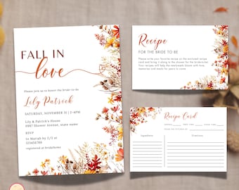 Fall in Love Bridal Shower Invitation Set Template, Editable Bridal Brunch Invite Suite with Recipe Card, Autumn Wildflower, SEMQ9
