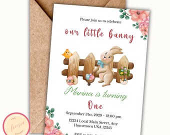 Our Little Bunny Birthday Invite - Editable Easter Birthday Invitation - Bunny First Birthday - Girl Boy 1st 2nd Birthday Party - Sy09