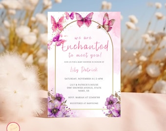 Invitación para baby shower "Estamos encantados de conocerte", "Estamos encantados de conocerte", invitación para baby shower de mariposas, tema de mariposa rosa