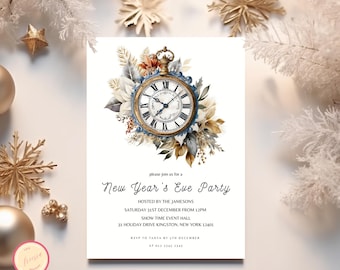 Bewerkbare oudejaarsavonduitnodiging, uitnodiging voor nieuwjaarsfeestje - 2026 New Year's Eve Invite - New Year's Evite - afdrukbare NYE-uitnodiging - J8