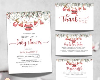 May include: A set of baby shower invitations and cards with a Christmas theme. The main invitation features text that reads "Merry Little Baby Shower" in red script. The cards include "Thank You", "Books for Baby", and "Diaper Raffle" messages.