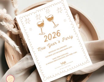 Editable Gold New Year's Eve Invitation, Cheers to the New Year - 2026 New Year's Phone Evite - Printable NYE Invitation - J8