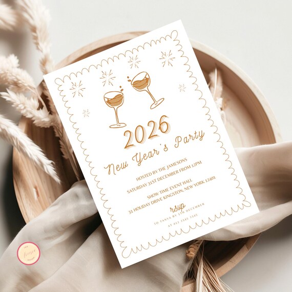 Editable Gold New Year's Eve Invitation, Cheers to the New Year - 2026 New Year's Phone Evite - Printable NYE Invitation - J8