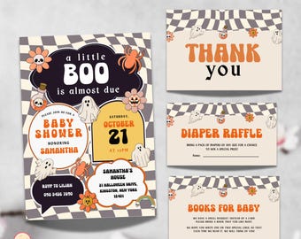 Editable A Little Boo Baby Shower Bundle, Boy Halloween Baby Shower Invite Book Request, Diaper Raffle, Checkered Retro Ghost Set, 2HCD3