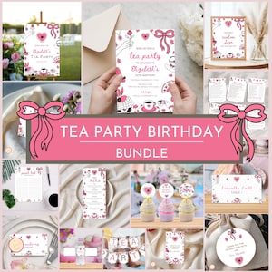 Puede incluir: Un conjunto de artículos de papelería para una fiesta de cumpleaños con temática de té. El conjunto incluye invitaciones, letreros, tarjetas de menú, adornos para cupcakes y etiquetas de recuerdo. Los diseños presentan lazos rosas, tazas de té y detalles florales.