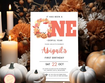 Invitación de cumpleaños número 1 de Little Pumpkin Onederful: invitación de A Little Pumpkin Is Turning One: invitación de cumpleaños de otoño: cumpleaños de niña/niño