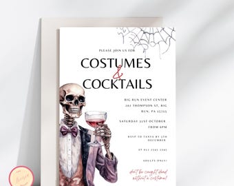 Editable Costumes and Cocktails Invite - Halloween Skeleton Invitation -  Adult Happy Hour Party - Mobile, Printable Digital Download