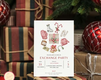May include: A white invitation card with a red border and a festive illustration of winter holiday items. The text on the card reads "Please join us for an Exchange Party" and includes details about the event, including the date, time, location, and RSVP information.