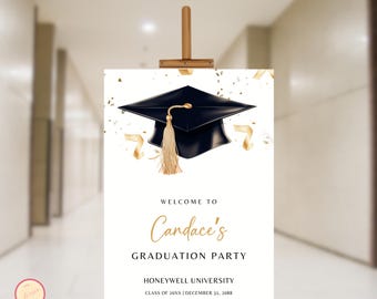 Graduation Party Welcome Sign Template, Gold & Black Grad Party Welcome Sign, Graduation Hat, Editable Graduation Welcome Poster