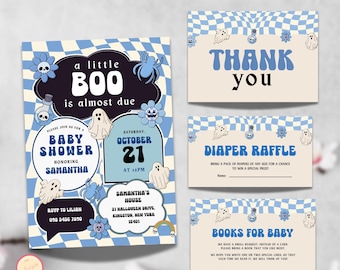 Editable A Little Boo Baby Shower Bundle, Blue Halloween Baby Shower Invite Book Request, Diaper Raffle, Checkered Retro Ghost Set, 2HCD3