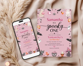 Spooky One Invitation Pink, Halloween Ghost 1st Birthday Party Invite, Cute Pink Ghost Birthday Girl, First Boo Day Halloween Invite, IUI57