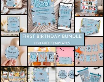 Halloween Blue Ghost 1st Birthday Invitation Bundle, Hey Boo Ghost Party, Spooktacular Halloween Party Invitation, Party Decor Kit, IUI57