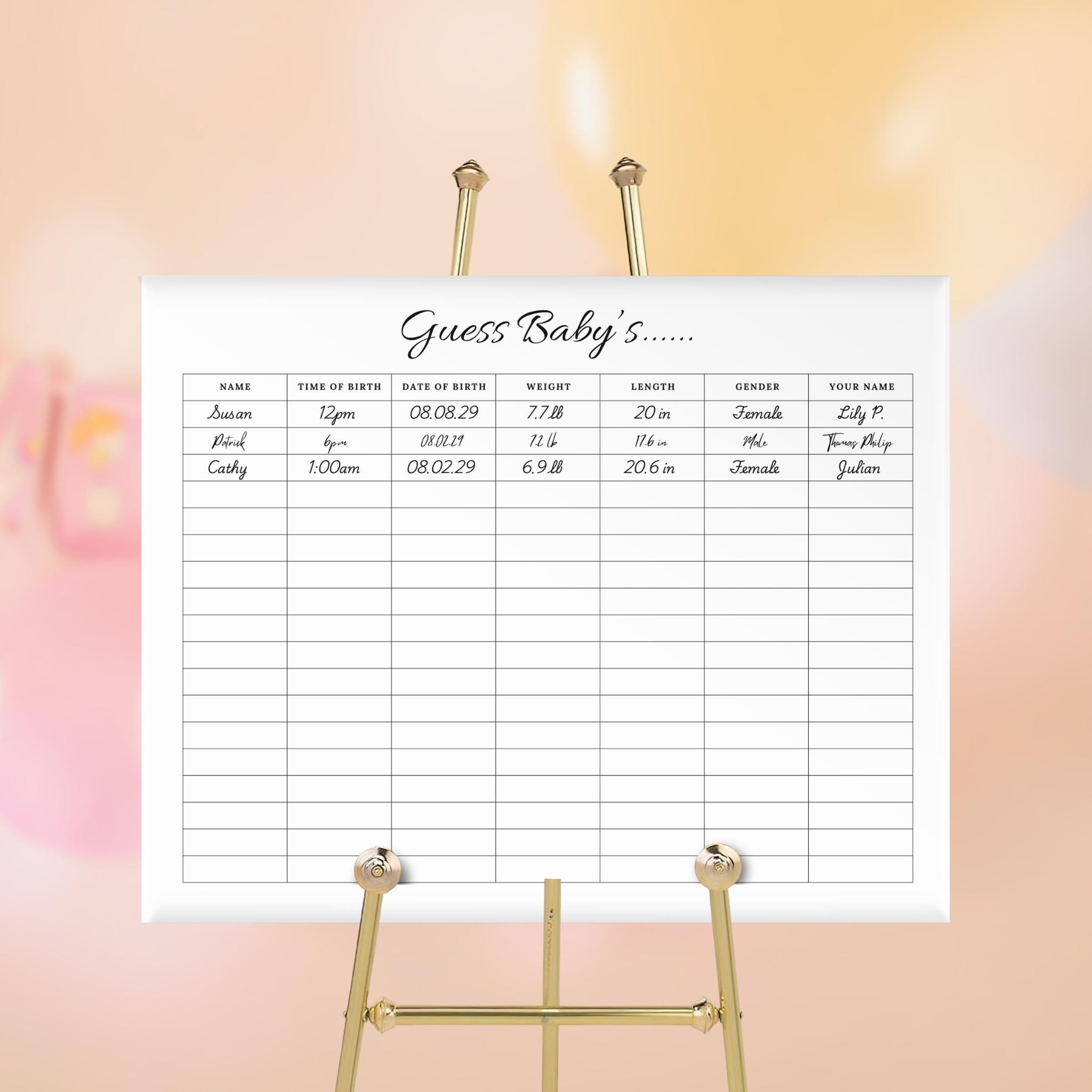 Baby Stats. Sign Square Minimalist Baby Stats Game Sign Template, Baby Due Date Calendar, Guess ...