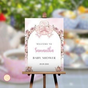 Time For Tea With The Mom To Be Welcome Template, Tea Party Baby Shower Sign, It&#39;s a Girl Baby Shower, Editable Floral-Themed Poster
