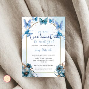 We are Enchanted to Meet You Baby Shower Invitation, We&#39;re Enchanted to Meet You Butterfly Baby Shower Evite, Blue Butterfly Theme