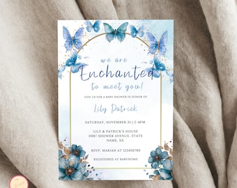 Invitación para baby shower "Estamos encantados de conocerte", invitación para baby shower "Estamos encantados de conocerte", temática de mariposa azul