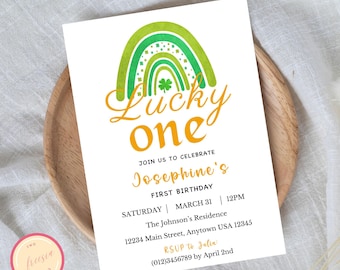 St Patrick's Day Birthday Invitation - Editable Lucky One Birthday Invite - Rainbow Birthday - St Patrick's Day Invitation Template - Up99