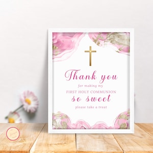Erste Heilige Kommunion Rosa Gunst Zeichen, Danke für kommende Beschilderung, Dessert Tischschild 1.Kommunion Mädchen, druckbar & bearbeitbar, 7S9D1