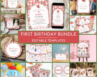 Watermelon 1st Birthday Bundle, Watermelon 1st Birthday Decor Set, One in a Melon Bday Party Package, Melon First Birthday Invitation, JGIQA