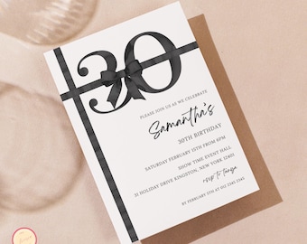 Editable Thirtieth Birthday Invitation, Happy 30th Birthday, Minimal 30th Birthday Party Invitation, Black Bow Invite, Digital Template