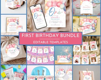 Puede incluir: Un conjunto de plantillas editables para la primera fiesta de cumpleaños, que incluyen invitaciones, pancartas y etiquetas de recuerdo. Los diseños presentan globos pastel y el texto "One" y "Thank You".