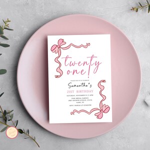 Modern 21st Birthday Invitation for her, Wine Tour, Girls Night Out, Pink Coquette, Wine Glass, Pearls, 21st, Twenty-One Birthday Party