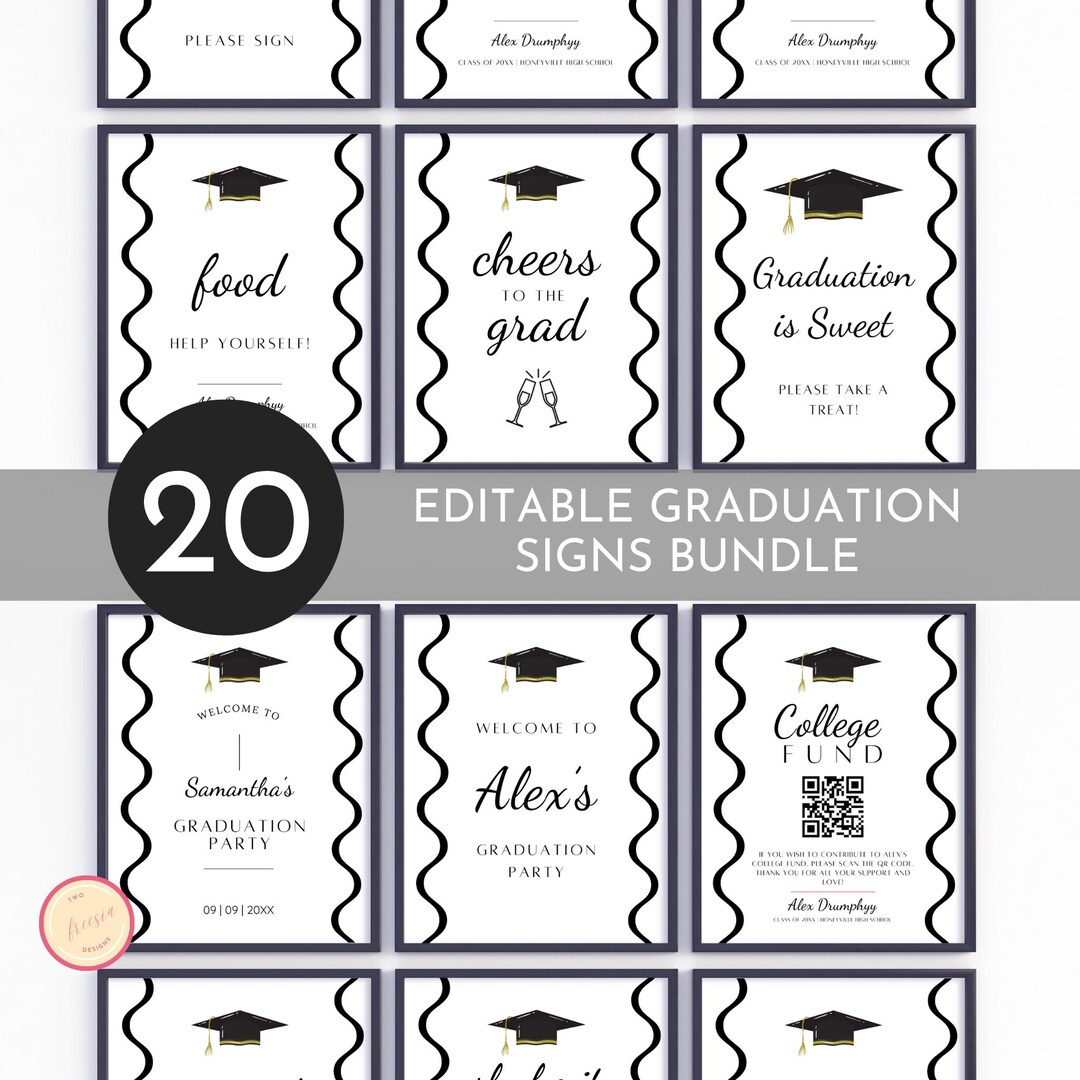 Graduation Mini Sign Graduation Party Sign Bundle, Editable Modern Wavy Minimalist ...