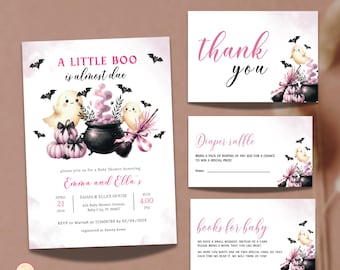 May include: A set of baby shower invitations and cards with a Halloween theme. The main invitation features ghosts, a cauldron, and pumpkins in pink and black. Additional cards include "thank you", "diaper raffle", and "books for baby" messages.