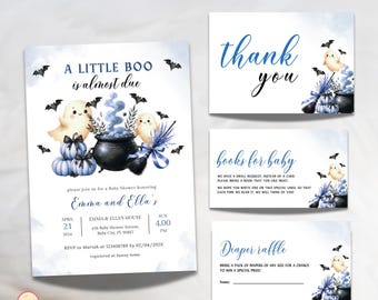 A Little Boo is Almost Due Baby Shower Bundle, Editable Blue Halloween Baby Shower Invite, Book Request, Diaper Raffle, Boy Set, 2HCD3