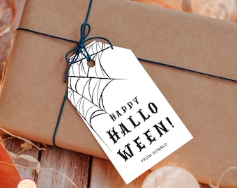 May include: A wrapped gift in brown paper, tied with blue twine, and a white tag. The tag features a black spiderweb design and the words "HAPPY HALLOWEEN!" with "FROM DONALD" below.