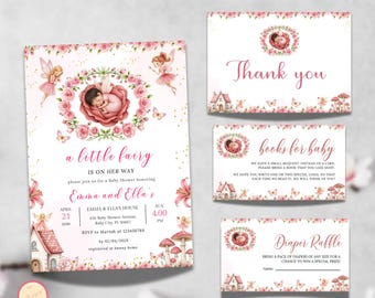 Editable Little Fairy Baby Shower Invitation, Pink Magical Wildflower Garden Fairy for Tea Party, Enchanted-Themed Party, Printable