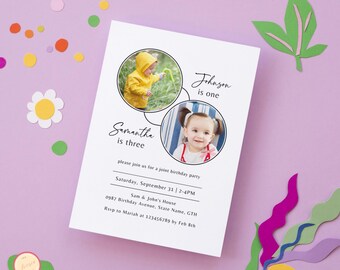 Double Birthday Invitation Template, Printable Minimalist Invite - Joint Birthday Party Invitation, Editable Sibling Photo Birthday
