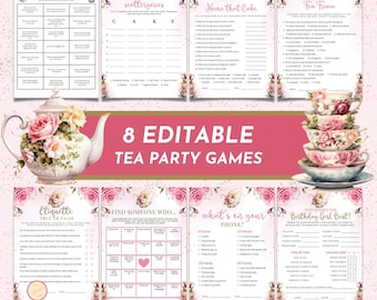 May include: Eight editable tea party games with floral and teacup designs. The games include trivia, etiquette, and fill-in-the-blank activities. The color scheme is pink and white, with decorative roses and teacups.