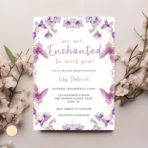 Enchanted to Meet You Baby Shower Invitation, We&#39;re Enchanted to Meet You Butterfly Baby Shower Evite,  Purple Butterfly Theme