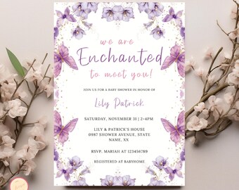 Invitación para baby shower Enchanted to Meet You, invitación para baby shower con diseño de mariposas, tema de mariposas moradas